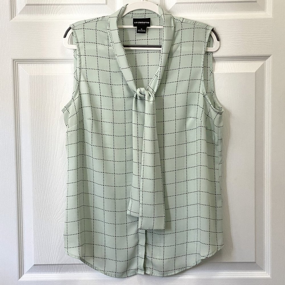 Liz Claiborne Women's Sleeveless Blouse Celery Green Black Tie Front M